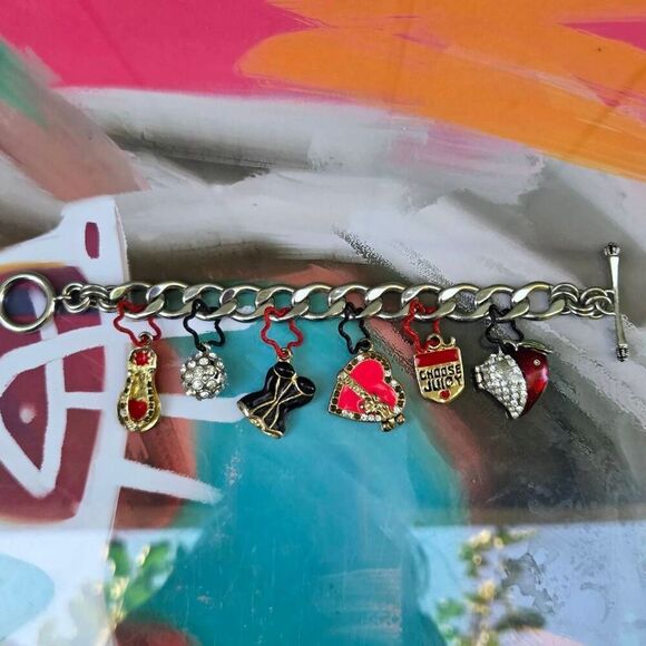 Juicy Couture Y2K Silver Plated Chunky Bracelet w/ Large Red/Black/Gold Charms - Picture 4 of 6